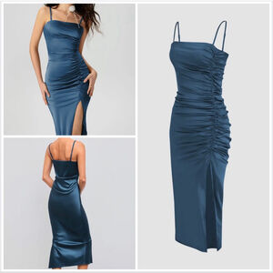 NWT Cider Blue Ruched Split Midi Dress 1X